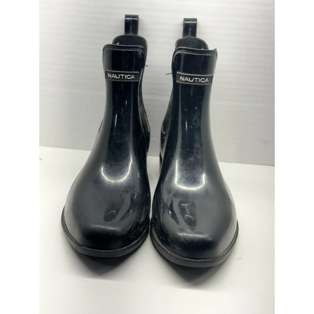 Nautica Women's Sz 10 Black Glossy‎ Rubber W/ Glitter Accents Ankle Rain Boots